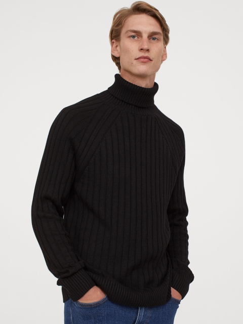 

H&M Men Black Solid Ribbed Polo-Neck Jumper