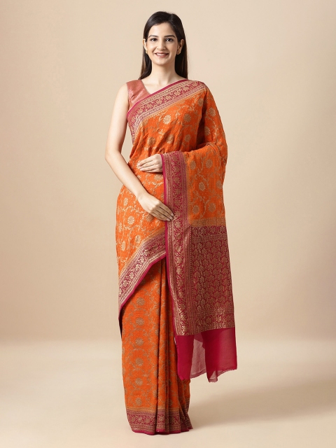 

Taneira Orange & Red Pure Georgette Woven Design Banarasi Saree