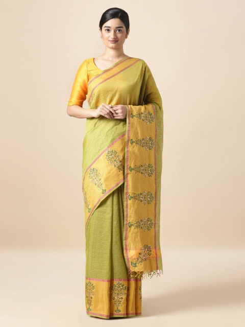 

Taneira Green & Orange Silk Cotton Woven Design Block Print Sustainable Saree