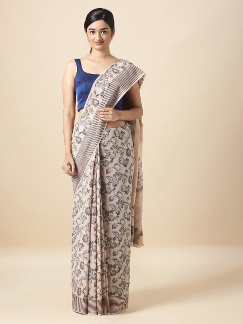 

Taneira Beige Pure Cotton Printed Block Print Saree
