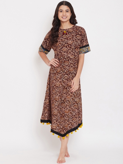 

The Kaftan Company Maroon & Brown Floral Print Nightdress