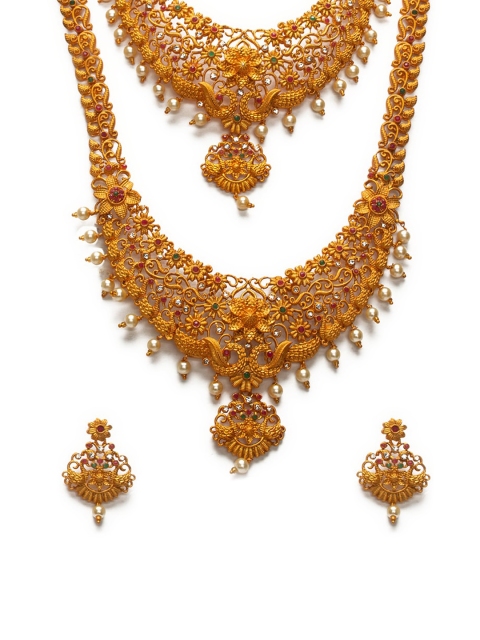 

Alankruthi Gold-Plated & Off-White Beaded Temple Elite Unique Jewellery Set