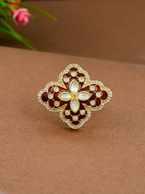 

Imittire Gold-Plated Red & White Kundan-Studded Enamelled Adjustable Finger Ring