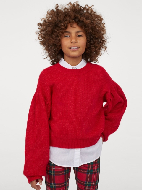 

H&M Girls Red Solid Balloon-Sleeved Jumper