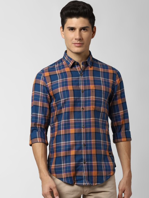 

Peter England Casuals Men Navy Blue & Orange Slim Fit Checked Casual Shirt
