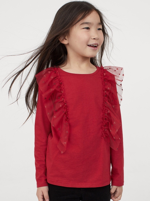 

H&M Girls Red Solid Tulle-Flounced Top