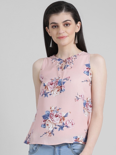 

Zink London Women Pink & White Floral Print Tie-Up Neck Regular Top