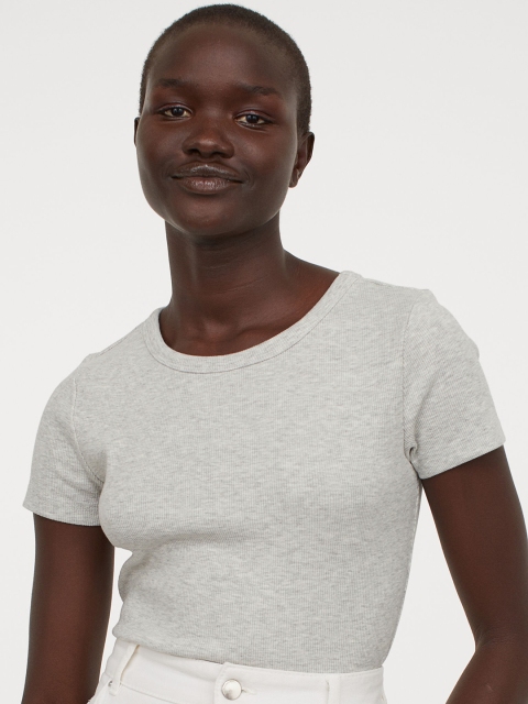 

H&M Women Grey Ribbed T-shirt