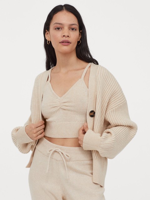 

H&M Women Beige Solid Knitted Cropped Top, White