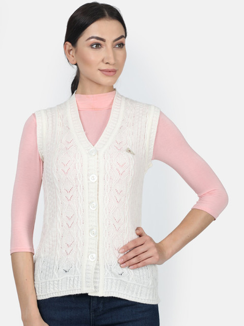 

Monte Carlo Women White Self Design Cardigan Sweater