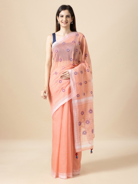 

Taneira Peach-Coloured Embroidered Silk Cotton Saree