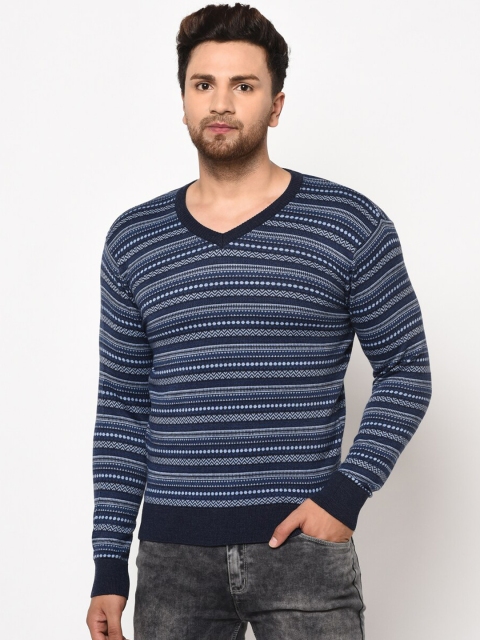 

98 Degree North Men Navy Blue Striped Pullover Sweater
