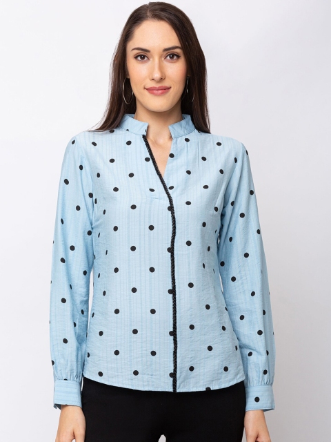 

SHECZZAR Women Blue Polka Dots Printed Shirt Style Top
