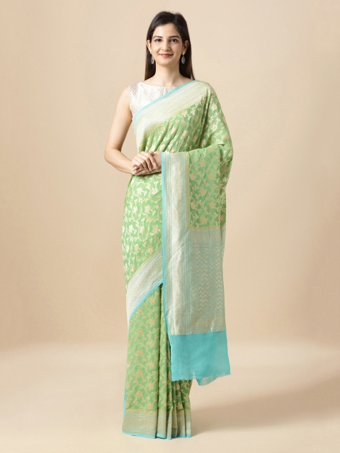 

Taneira Green & Gold-Toned Pure Georgette Woven Design Banarasi Saree