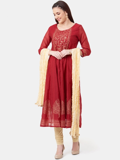 

IMARA Women Maroon & Beige Printed Kurta with Churidar & Dupatta