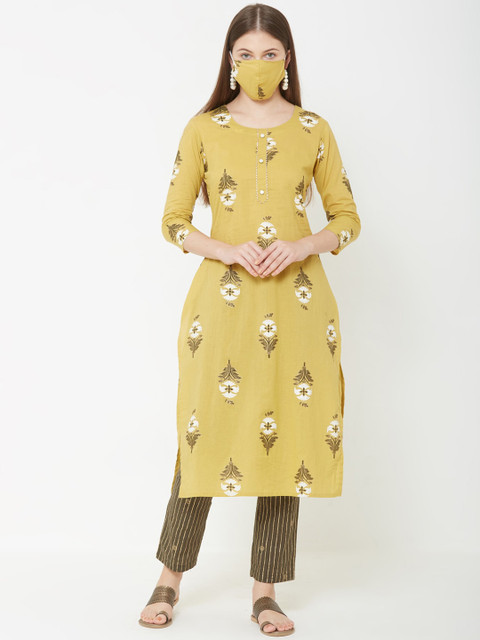 

FASHOR Women Mustard Yellow & Olive Green Printed Kurta with Trousers