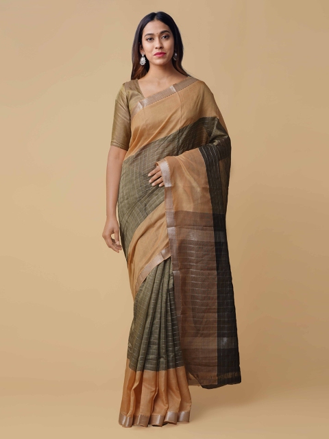 

Unnati Silks Green & Beige Pure Silk Striped Handloom Mangalagiri Saree