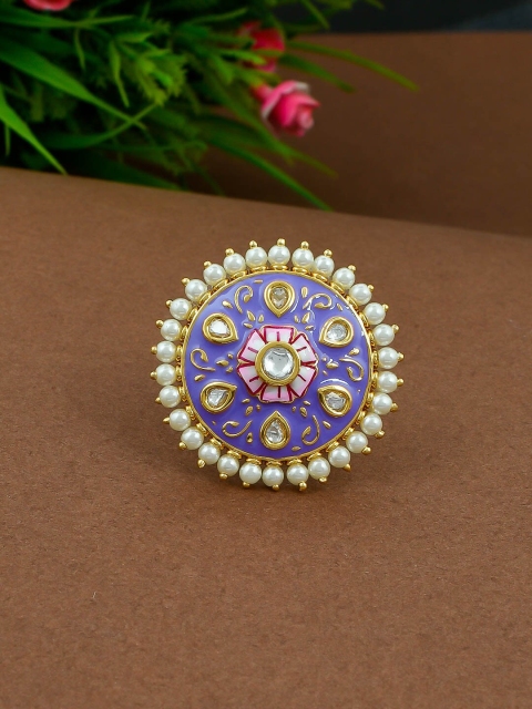 

Imittire Gold-Plated Purple & Pink Kundan Studded Meenakari Cocktail Ring