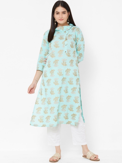 

Vedic Women Turquoise Blue & Gold-Coloured Printed A-Line Kurta