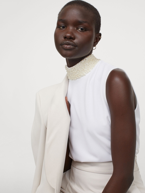 

H&M Women White Solid Stand-Up Beaded Collar Top