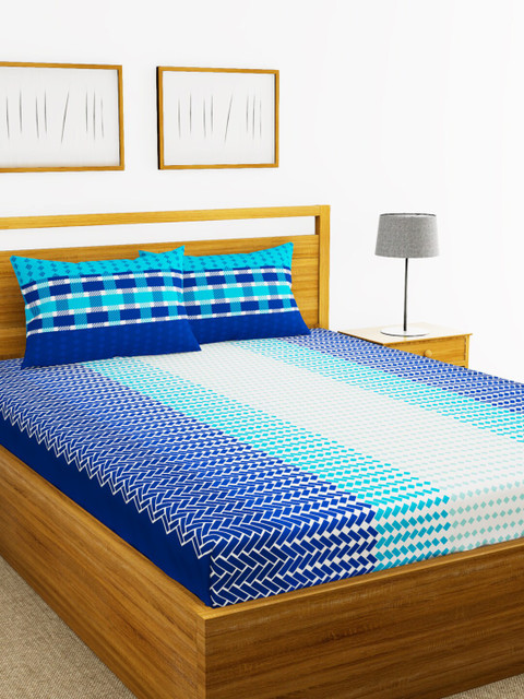

BIANCA Blue Geometric 144 TC Cotton 1 Extra Large Bedsheet with 2 Pillow Covers