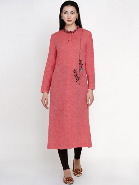 

FABNEST Women Peach-Coloured Floral Embroidered Straight Winter Kurta