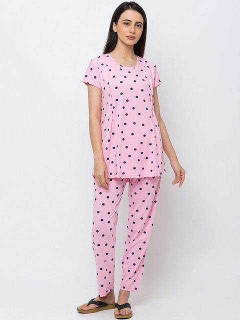 

MomToBe Women Pink & Blue Printed Maternity Night suit