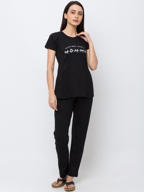 

MomToBe Women Maternity Black Printed Night suit