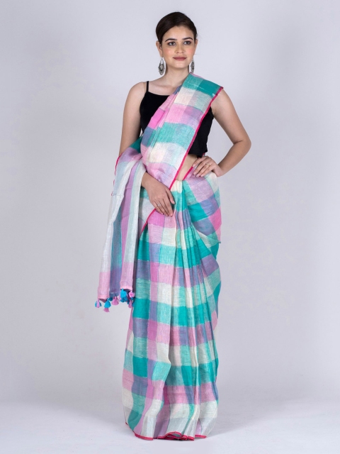 

BharatSthali Blue & White Pure Linen Checked Bhagalpuri Sustainable Saree