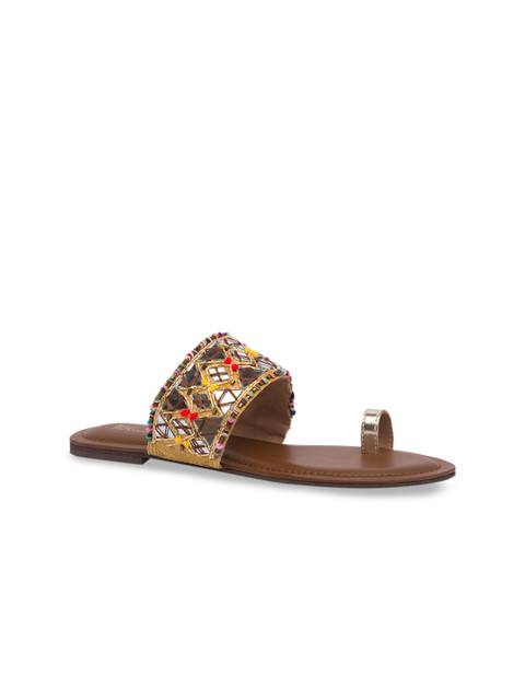 

Inc 5 Women Gold-Toned Embellished Fabric One Toe Flats
