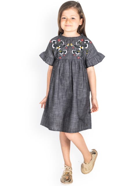 

Cherry Crumble Girls Grey Embroidered Empire Dress