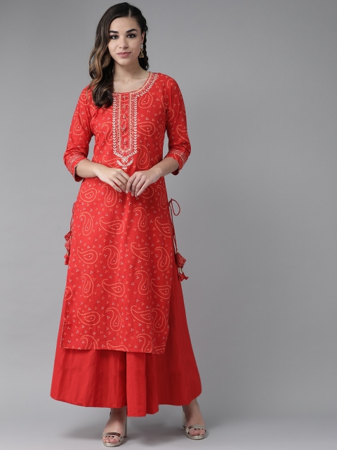 

Ishin DESIGNER STUDIO Women Red Bandhani Printed Straight Kurta