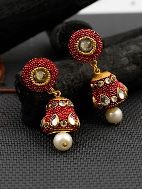 

Silvermerc Designs Gold-Plated & Red Handmade Classic Jhumkas