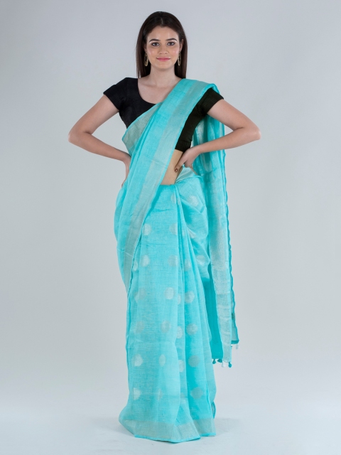 

BharatSthali Turquoise Blue Woven design Bhagalpuri Sustainable Saree and has a solid border