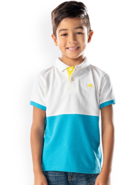 

Cherry Crumble Unisex Kids White & Blue Colourblocked Polo Collar T-shirt