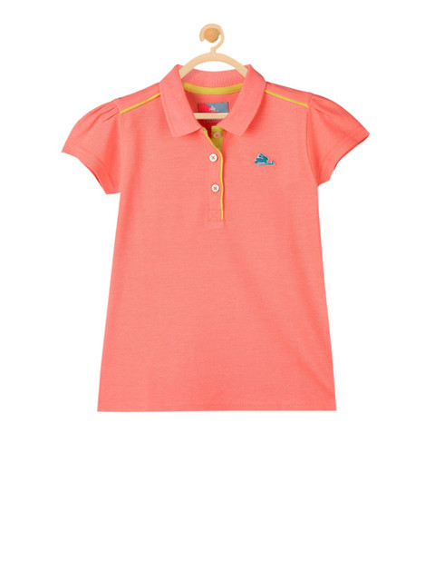 

Cherry Crumble Girls Peach-Coloured Solid Polo Collar T-shirt