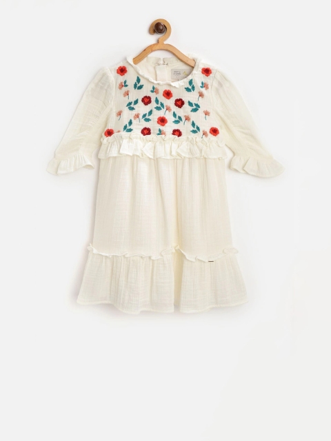

Cherry Crumble Girls Cream-Coloured Floral Embroidered A-Line Dress