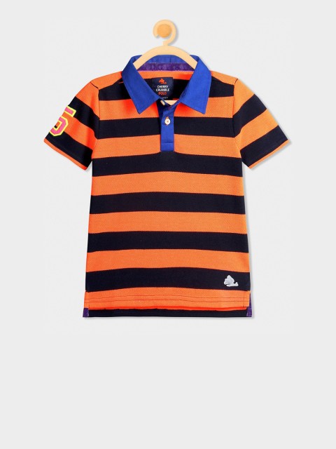 

Cherry Crumble Unisex Kids Orange Striped Polo Collar T-shirt