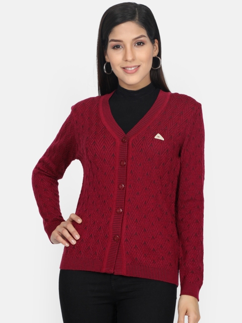 

Monte Carlo Women Maroon Self Design Cardigan Sweater