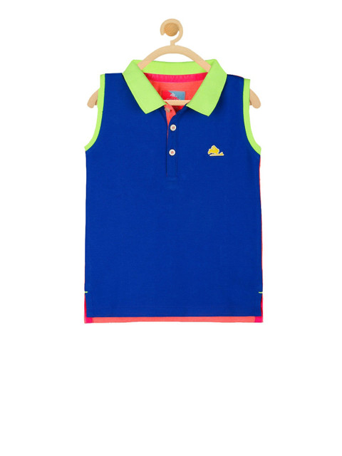 

Cherry Crumble Girls Blue & Coral Colourblocked Polo Collar T-shirt