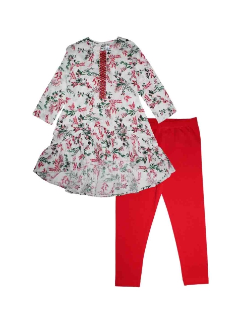 

KiddoPanti Girls White & Red Floral Printed Kurti with Churidar