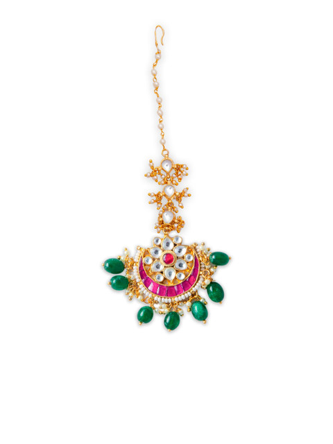 

MORKANTH JEWELLERY Gold-Plated Pink & Green Kundan-Studded Beaded Handcrafted Maang Tikka