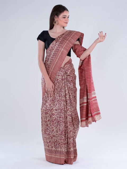 

BharatSthali Beige & Pink Pure Silk Printed Tussar Silk Sustainable Saree