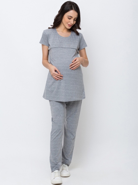 

MomToBe Women Grey Melange Solid Maternity Night suit