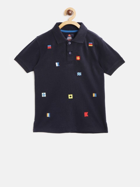 

Cherry Crumble Unisex Kids Navy Blue Self Design Polo Collar T-shirt