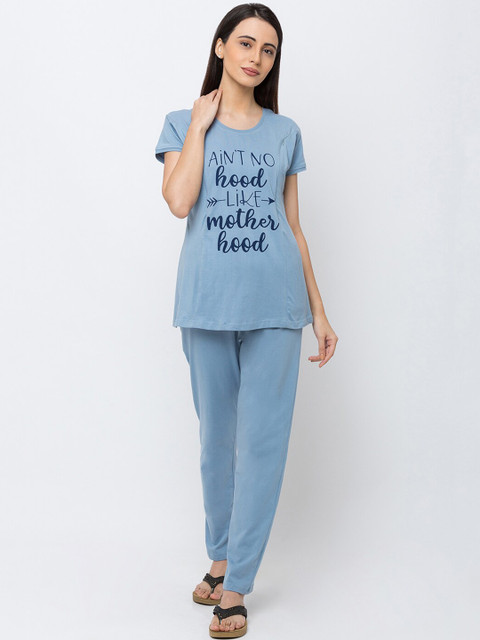 

MomToBe Women Blue & Black Printed Maternity Night suit