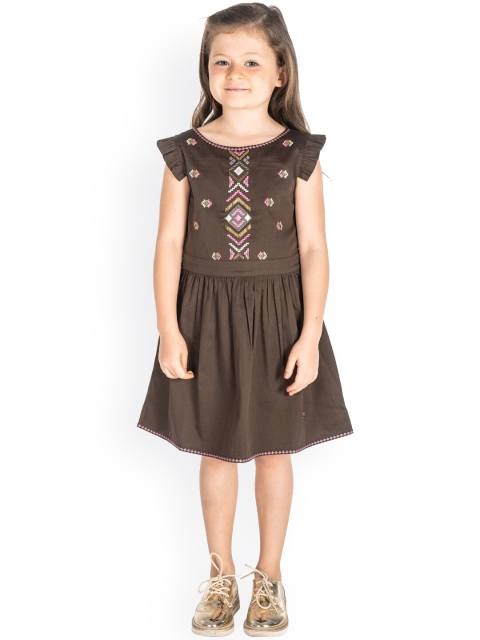 Cherry Crumble Girls Brown Embroidered A-Line Dress