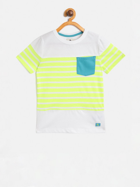 

Cherry Crumble Unisex Kids White & Fluorescent Green Striped Round Neck T-shirt