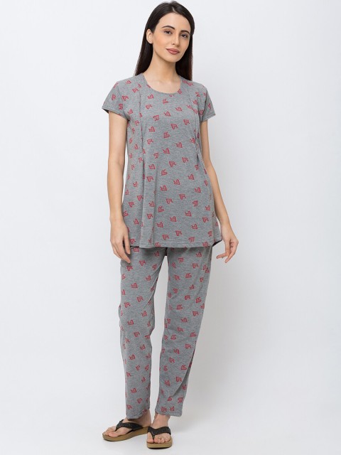 

MomToBe Women Grey Printed Maternity & Feeding Night suit
