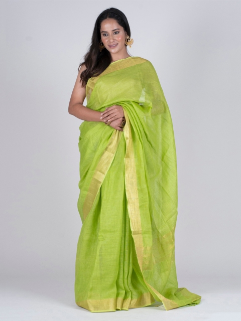 

BharatSthali Green & Gold-Toned Linen Solid Bhagalpuri Saree